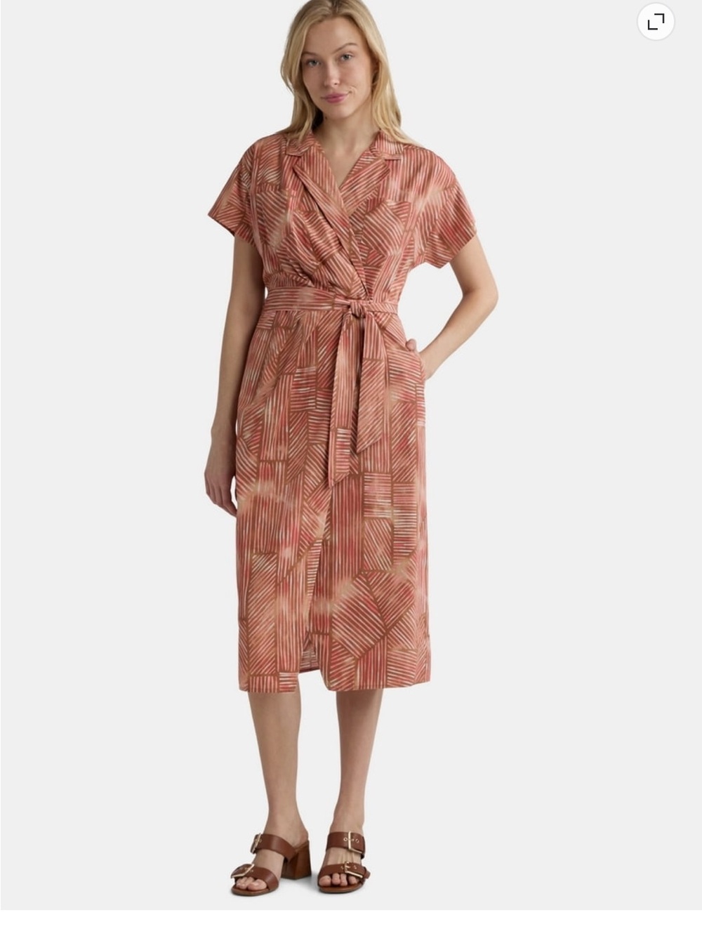 Time and Tru Olive Printed Midi Wrap Dress with Tie Belt